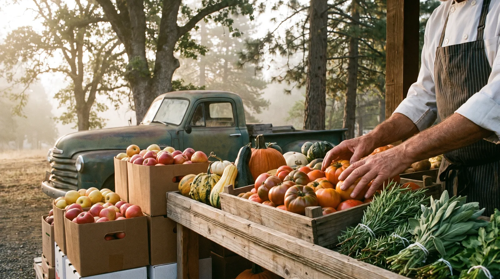 A chef's hands choosing apples and herbs at a farm stand in Apple Hill in early autumn light