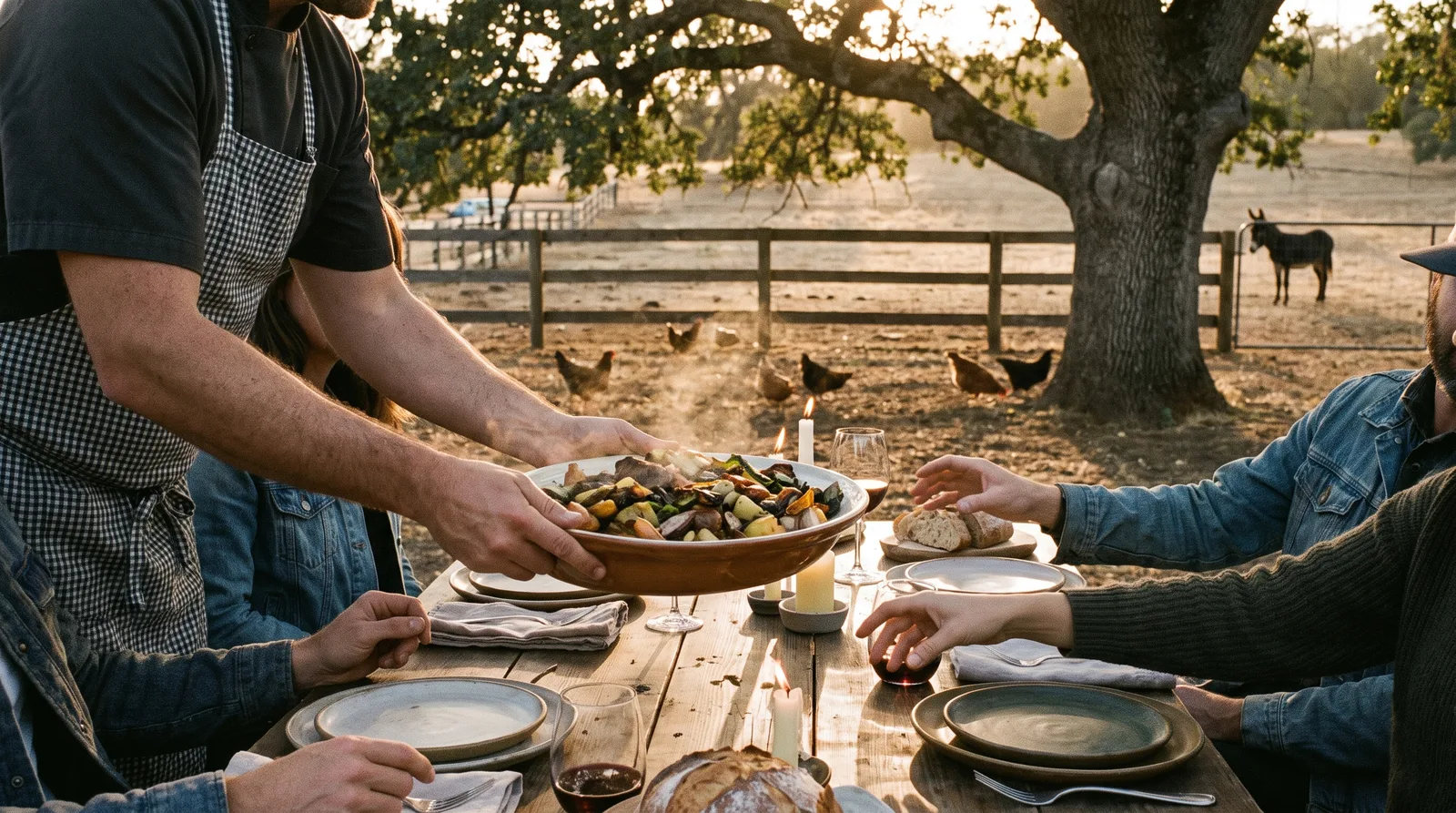 A small dinner set under an oak on a Foothills farm at golden hour, a chef setting down a platter