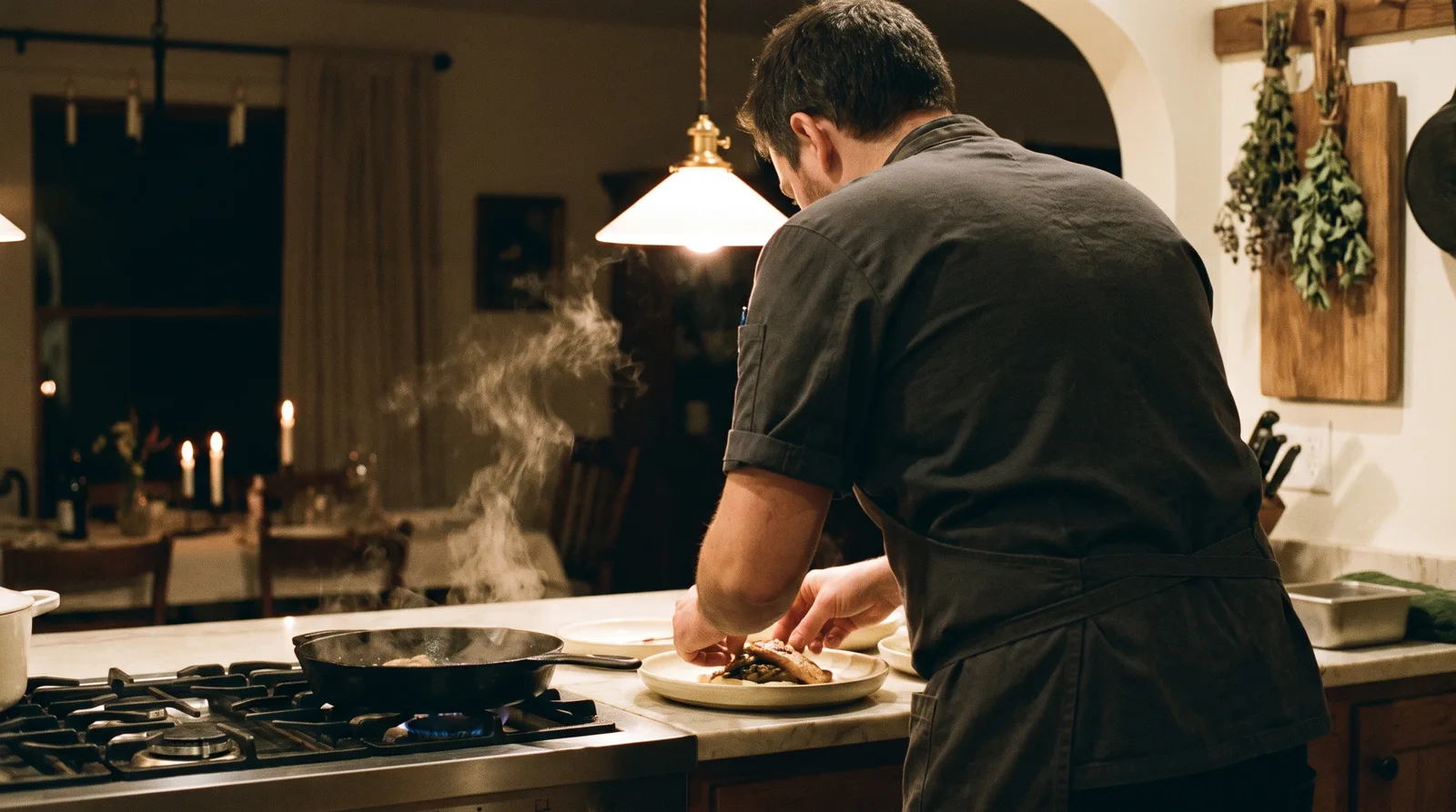 A chef in a dark apron plating a course in a home kitchen at night, candles glowing in the dining room beyond