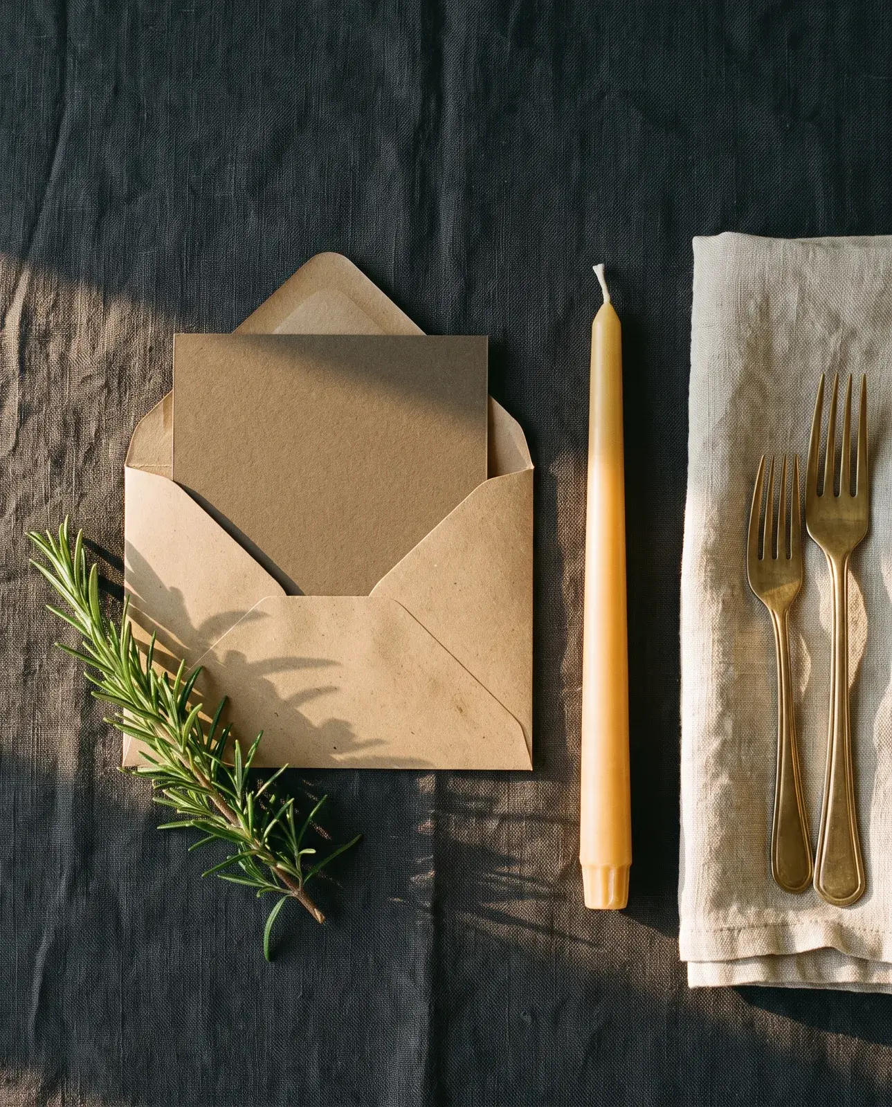 A dark cream card in a kraft envelope on charcoal linen with rosemary, a taper candle and two brass forks