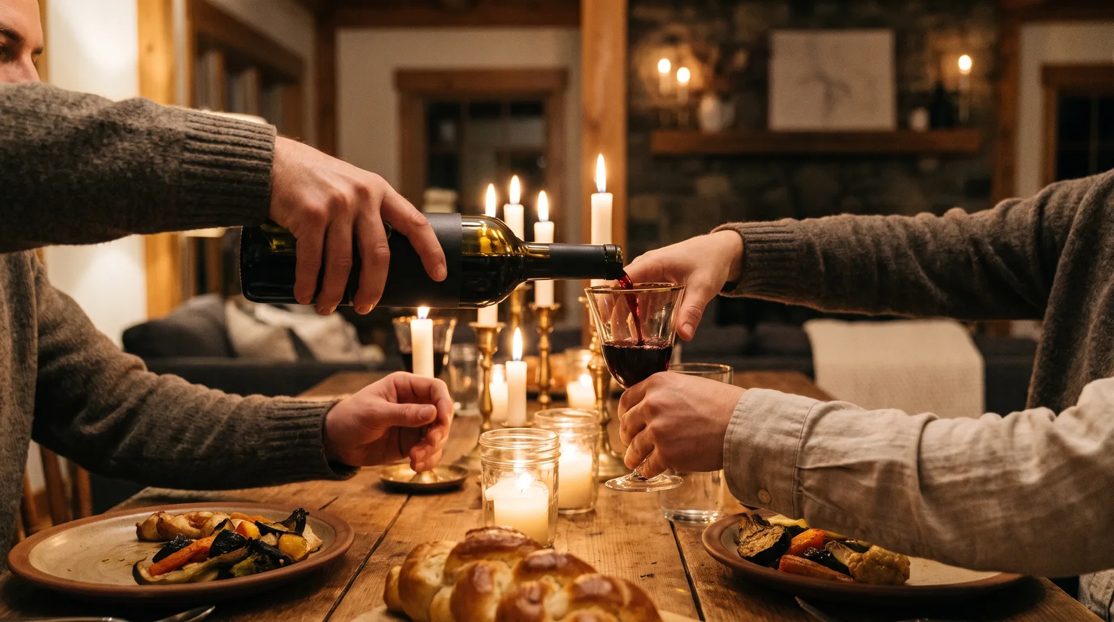 A host pouring red wine from an unlabeled bottle at a candlelit table as the first plates are served