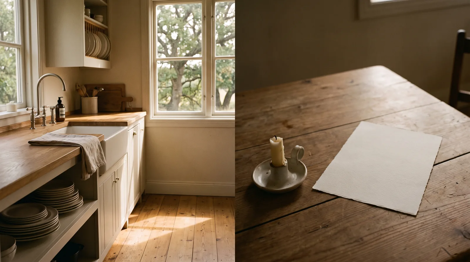 A clean home kitchen the morning after a dinner: wiped counters, a stack of cream plates, sunlight across the floor